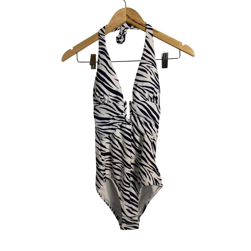 Heidi Klein One Piece Swimsuit XS Blue White Zebra Print Halter U-Bar